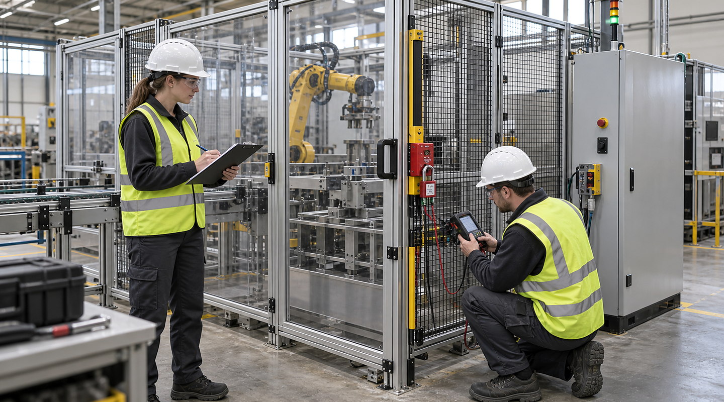 Two engineers validating a guarded automated cell using a test plan and diagnostic interface while the line is safely isolated.