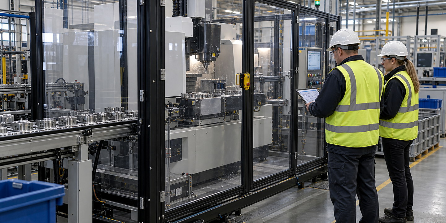 Two engineers validating a guarded automated cell using a test plan and diagnostic interface while the line is safely isolated.